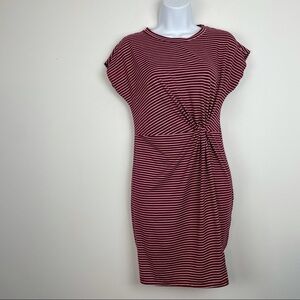 No Comment Woman’s Ruched Twist Waist Red Pink Striped Dress Size Medium